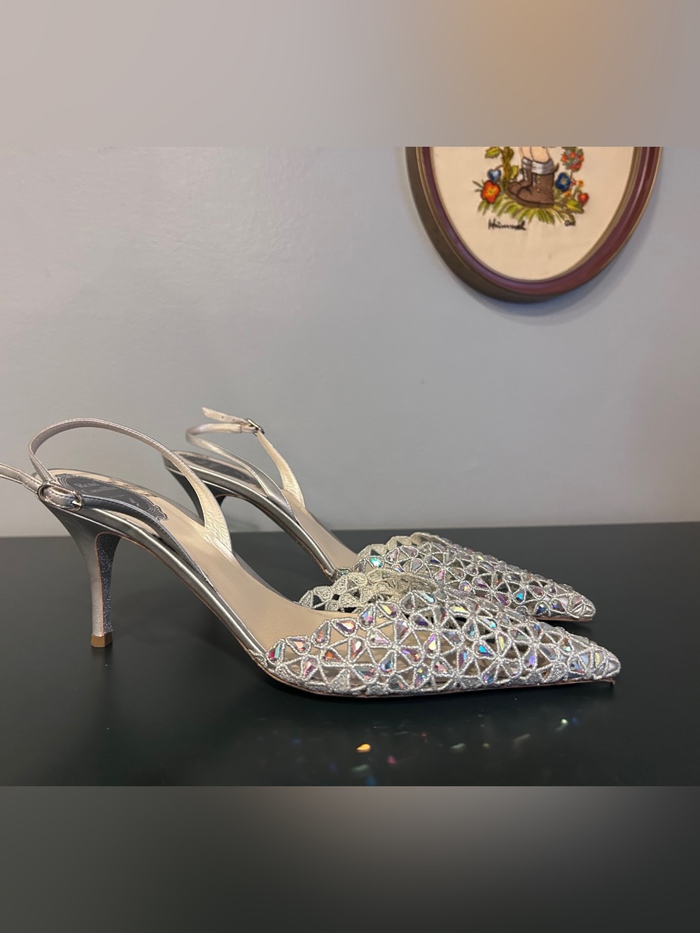Rene Caovilla Carshena Embellished Jewel Slingback Heels Silver Size 40